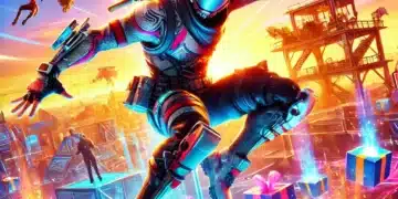 Un personaje futurista con traje de alta tecnología y casco brillante, saltando dinámicamente en un campo de batalla lleno de colores vibrantes. A su alrededor, cajas de regalos luminosas, globos aerostáticos, y otros jugadores en paracaídas crean una atmósfera de acción intensa y emocionante, perfecta para inspirar nombres para juegos.