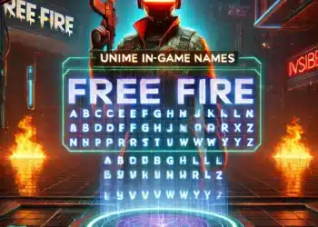 Un diseño futurista con un personaje de Free Fire equipado con casco y arma, de pie frente a un tablero digital iluminado con letras. El texto principal dice "Free Fire" en un estilo brillante y moderno.
