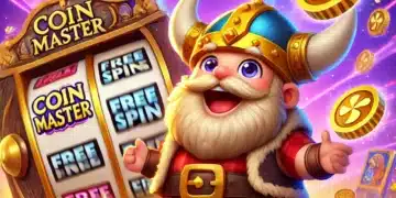 Un vikingo sonriente de Coin Master celebrando junto a una máquina tragamonedas que muestra "Free Spins". Rodeado de monedas doradas y cofres del tesoro, el fondo brilla con colores vibrantes, destacando cómo conseguir tiradas gratis todos los días en Coin Master.
