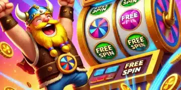 Un vikingo alegre celebrando frente a una máquina tragamonedas con el texto "Free Spin", rodeado de monedas doradas, cofres del tesoro, y colores vibrantes. Una escena emocionante que representa cómo conseguir tiradas gratis en Coin Master para maximizar las recompensas del juego.