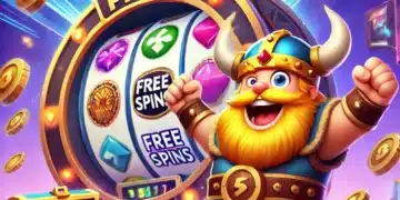 Ilustración de Coin Master con un vikingo alegre celebrando frente a una máquina tragamonedas que muestra "Free Spins". A su alrededor, monedas doradas y cofres del tesoro resaltan la emoción de conseguir tiradas gratis todos los días.