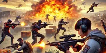 Imagen épica de batalla en Free Fire con soldados armados, explosiones intensas y drones en el cielo. Acción extrema en un campo de guerra moderno.