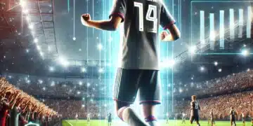 Imagen de un joven jugador de fútbol con el dorsal número 14 en un estadio lleno de luces y una multitud animada. Elementos digitales futuristas destacan estadísticas y potencial de crecimiento, representando a las jóvenes promesas y futuras estrellas del fútbol en EA Sports FC 24.