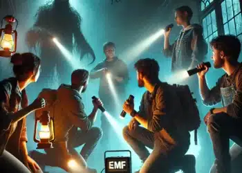 Un grupo de amigos en una casa oscura y aterradora, armados con linternas y una lámpara de aceite, enfrentándose a una figura fantasmal con ojos brillantes. En el suelo, un dispositivo EMF mide la actividad paranormal. La escena está envuelta en una atmósfera de suspenso y misterio.