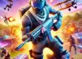 Un personaje futurista en Fortnite armado y en acción, rodeado de explosiones, paracaidistas, y aviones en un campo de batalla lleno de colores vibrantes. Una escena emocionante y dinámica, ideal para inspirar nombres creativos y únicos para usar como nick en Fortnite.