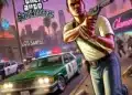 Ilustración de Grand Theft Auto: San Andreas mostrando al personaje principal corriendo con una pistola en mano. En el fondo, patrullas de policía con luces encendidas, un helicóptero y la ciudad de Los Santos con rótulos de neón. Escena llena de acción, ideal para explorar trucos y consejos del juego en Xbox 360.