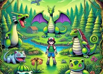 Ilustración de un entrenador Pokémon en un paisaje natural rodeado de criaturas icónicas de Pokémon Esmeralda, incluyendo dragones y plantas. El entorno destaca un río, árboles, y una cabaña en el fondo, representando la exploración, captura de Pokémon, y obtención de ítems.