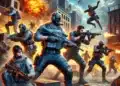 Un equipo de soldados armados en una batalla intensa en medio de una ciudad con explosiones y helicópteros en el cielo. La escena está llena de acción, ideal para inspirar nombres únicos y creativos para usar en Free Fire.